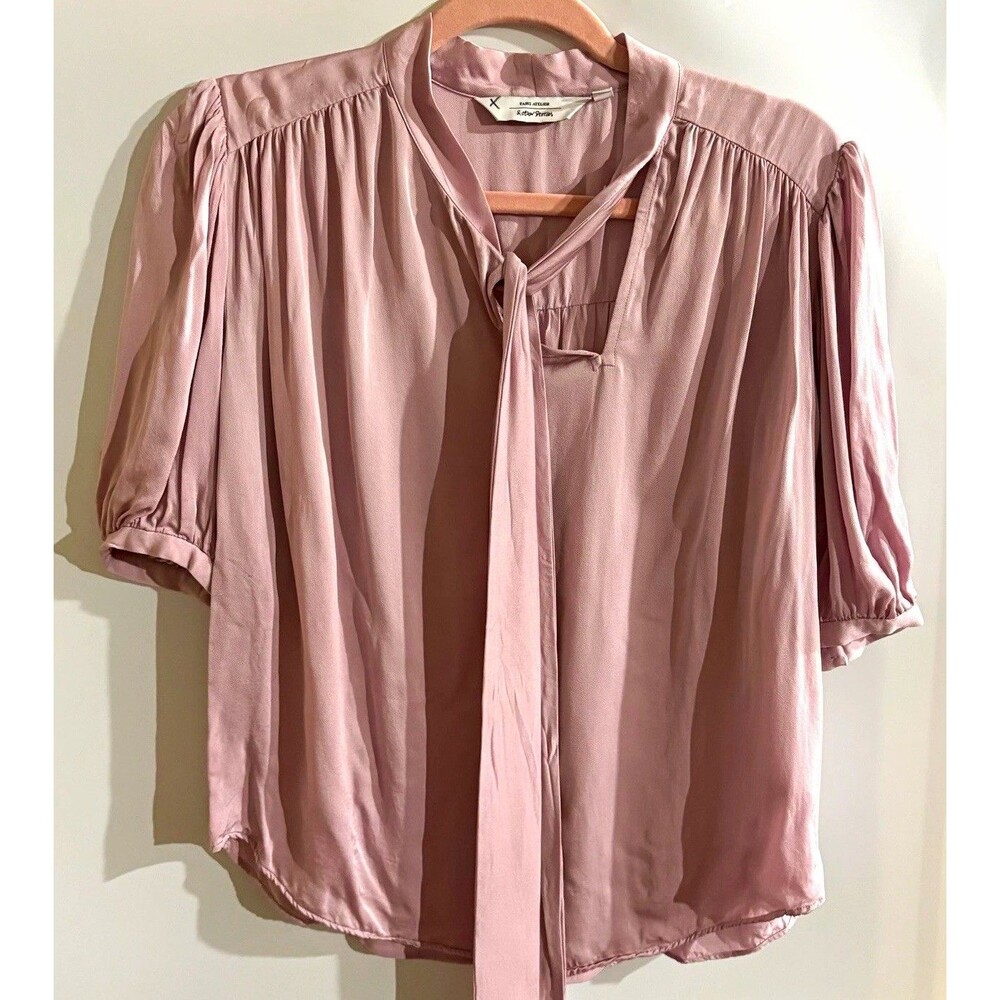 Paris Atelier& Other Stories Women’s Blouse 8 Pink Tie Neck Short Slv Viscose